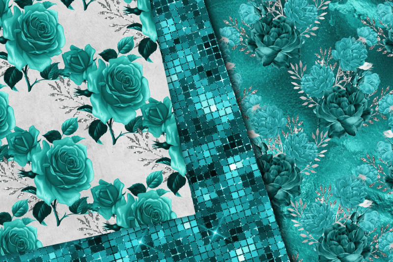 teal-and-silver-floral-digital-paper