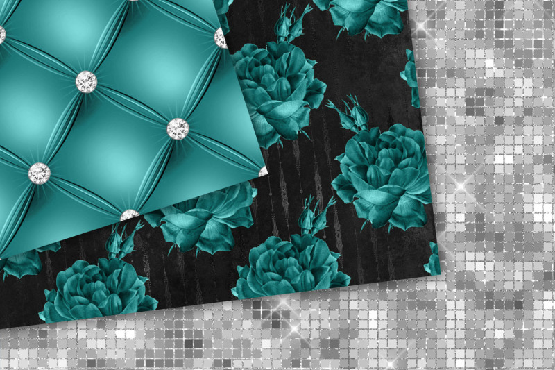 teal-and-silver-floral-digital-paper