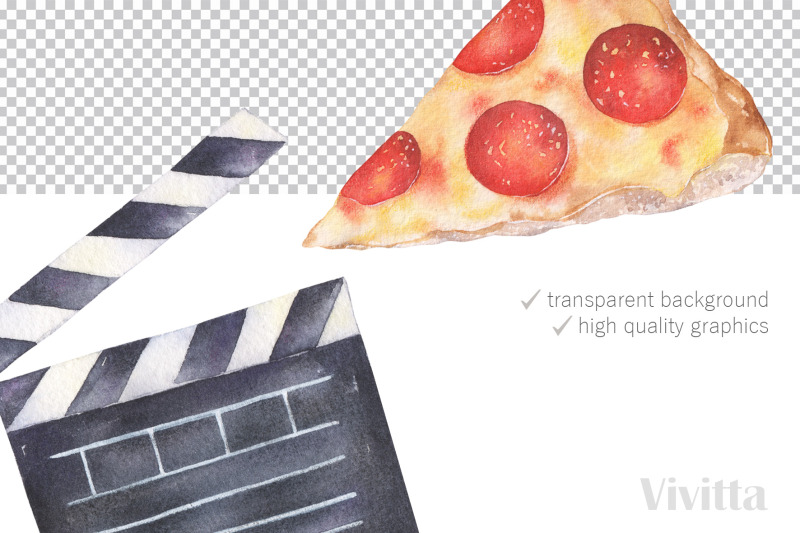 cinema-movie-pizza-watercolor-clipart-collection