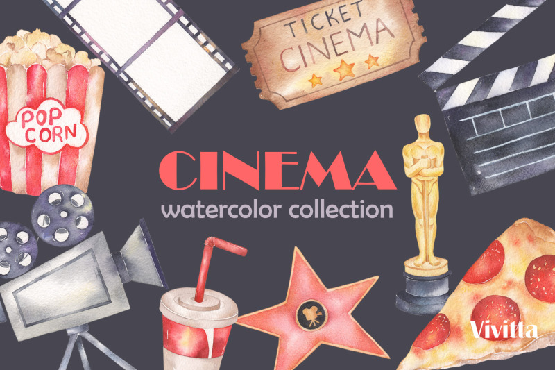 cinema-movie-pizza-watercolor-clipart-collection