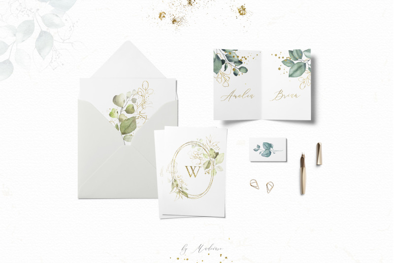 watercolor-silver-gold-and-green-leaves-set