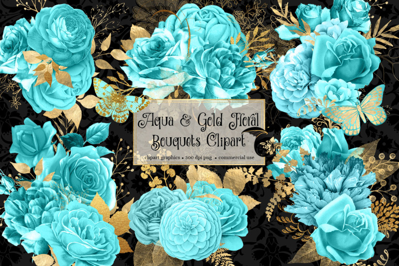 aqua-and-gold-floral-clipart