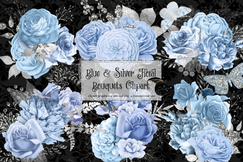 blue-and-silver-floral-clipart