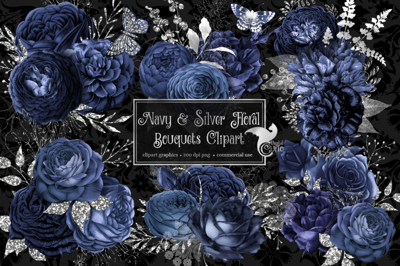 navy-and-silver-floral-clipart