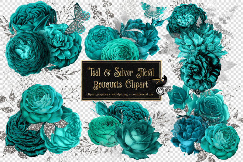 teal-and-silver-floral-clipart