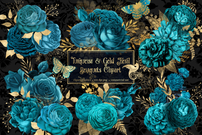 turquoise-and-gold-floral-clipart