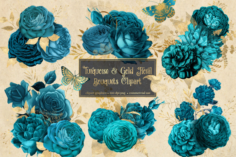 turquoise-and-gold-floral-clipart