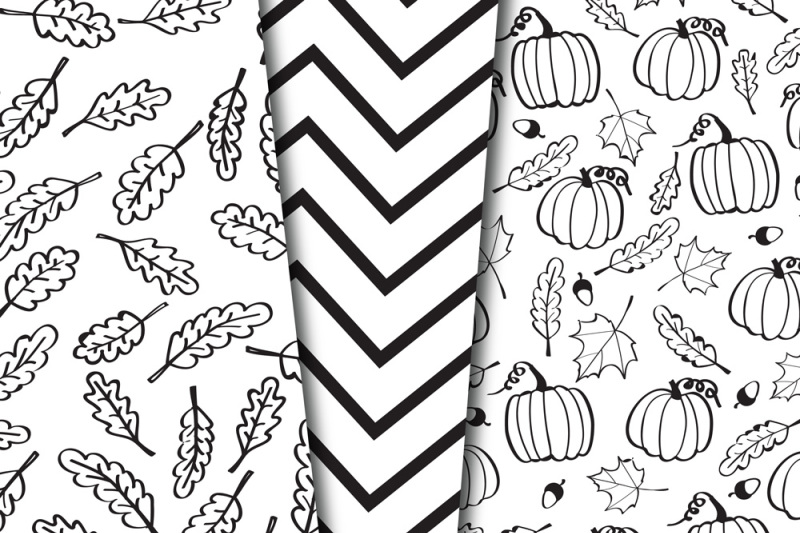 black-and-white-happy-fall-foliage-digital-paper-autumn-pumpkins-patterns