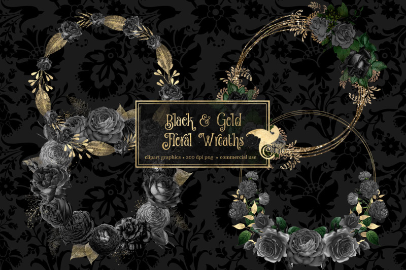 black-and-gold-floral-wreath-clipart