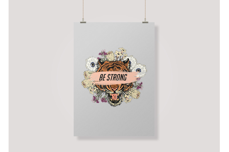 tiger-with-flower-and-slogan-quot-be-strong-quot