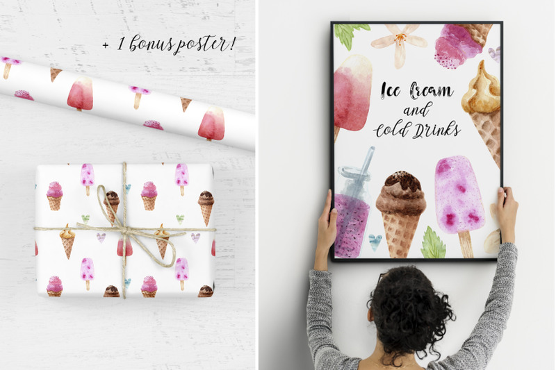 watercolor-ice-cream-and-cold-drinks-seamless-patterns-cliparts