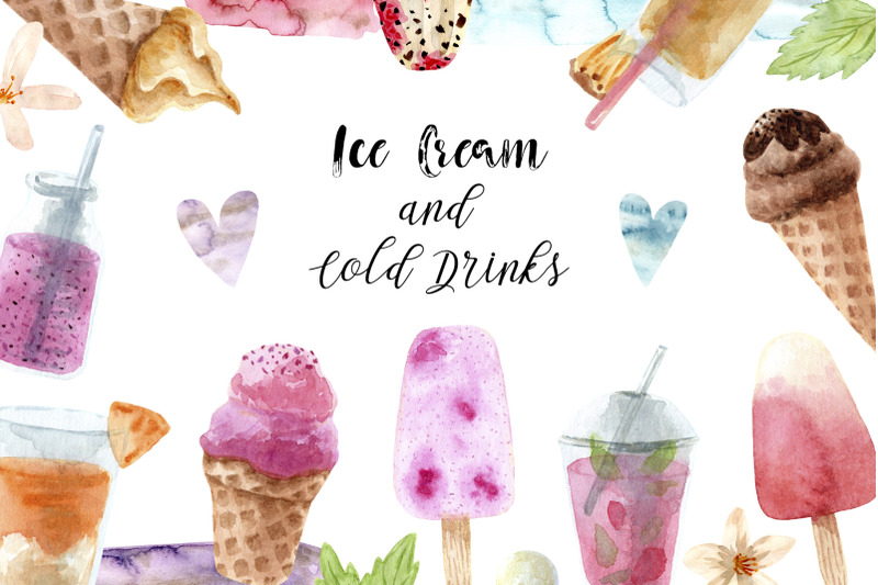 watercolor-ice-cream-and-cold-drinks-seamless-patterns-cliparts