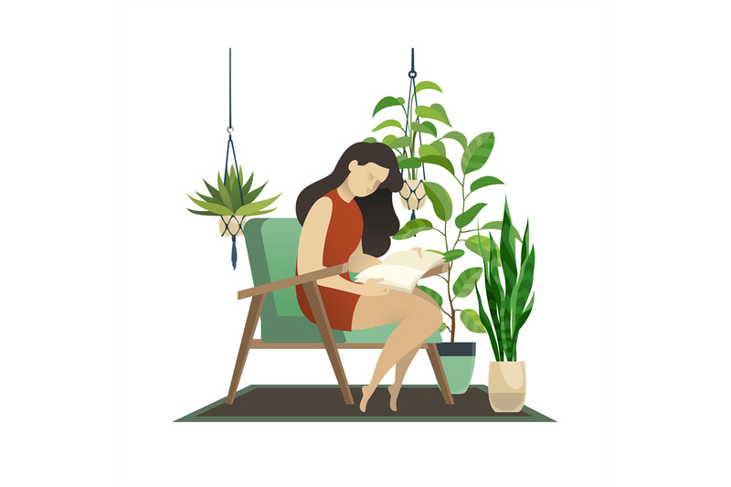 urban-jungle-woman-reading-and-knitting-lady-under-garden-home-tropic