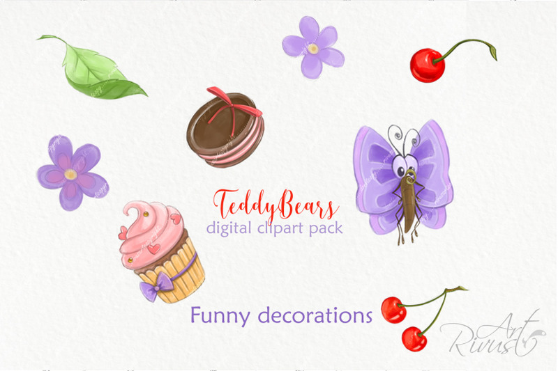 cute-digital-watercolor-bear-clipart-summer-clipart-cherry-cake-flower