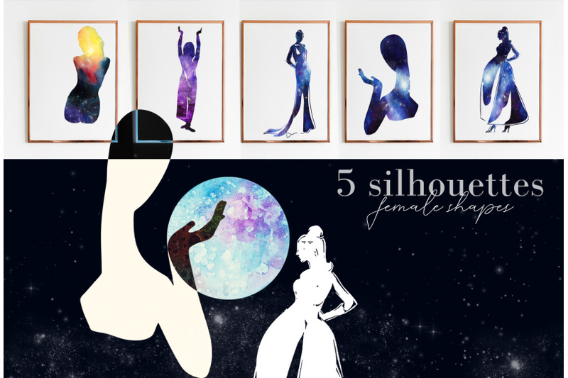 5-hand-drawn-watercolor-space-cosmos-woman-shapes