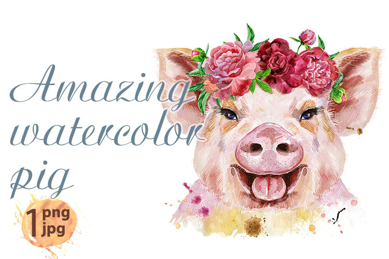 watercolor-portrait-of-pig-with-flowers