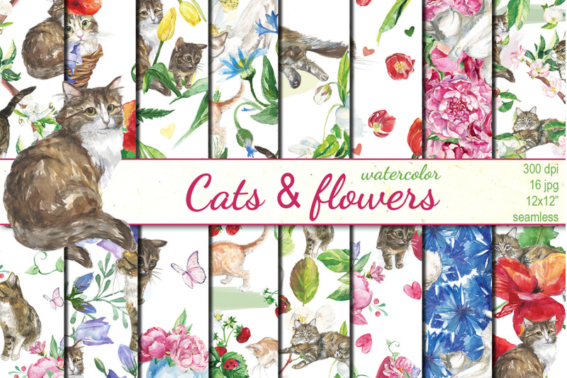 watercolor-cats-and-flowers-seamless-patterns