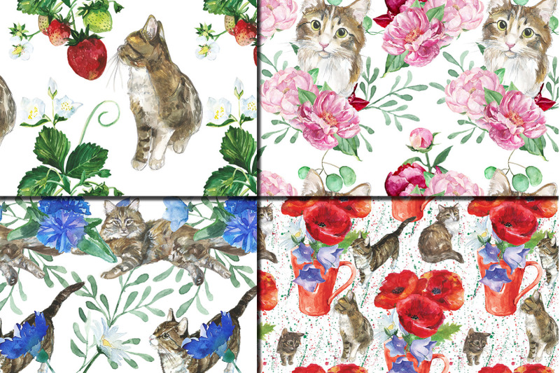 watercolor-cats-and-flowers-seamless-patterns