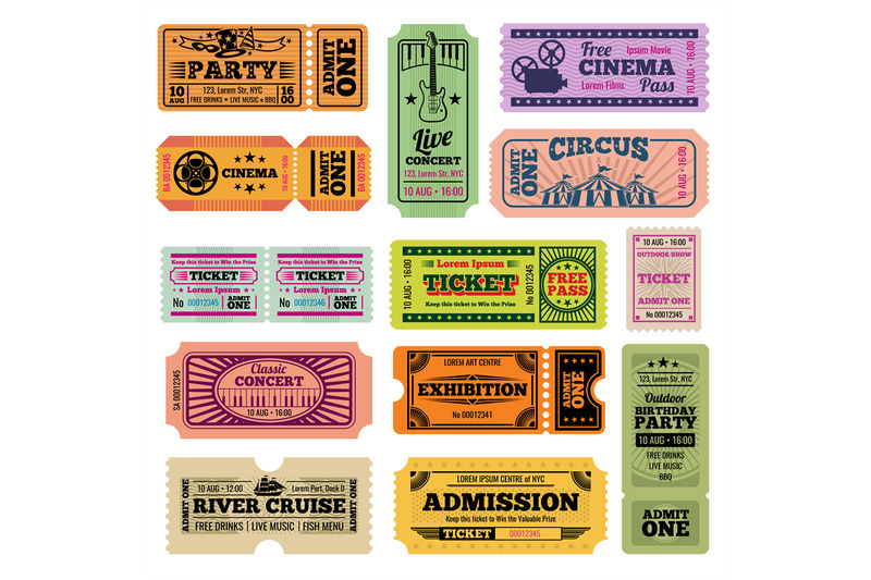 retro-party-cinema-movie-and-music-event-vector-passing-tickets-set