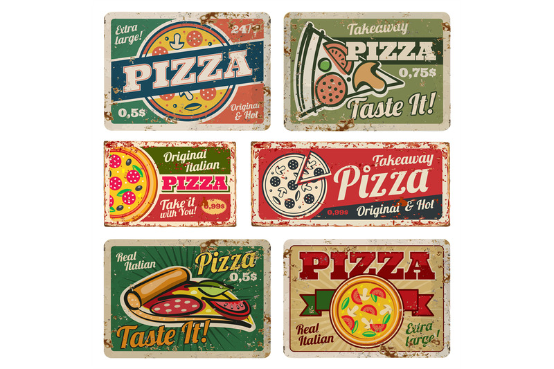 vintage-pizza-metal-signs-with-grunge-texture-vector-set-retro-food-p