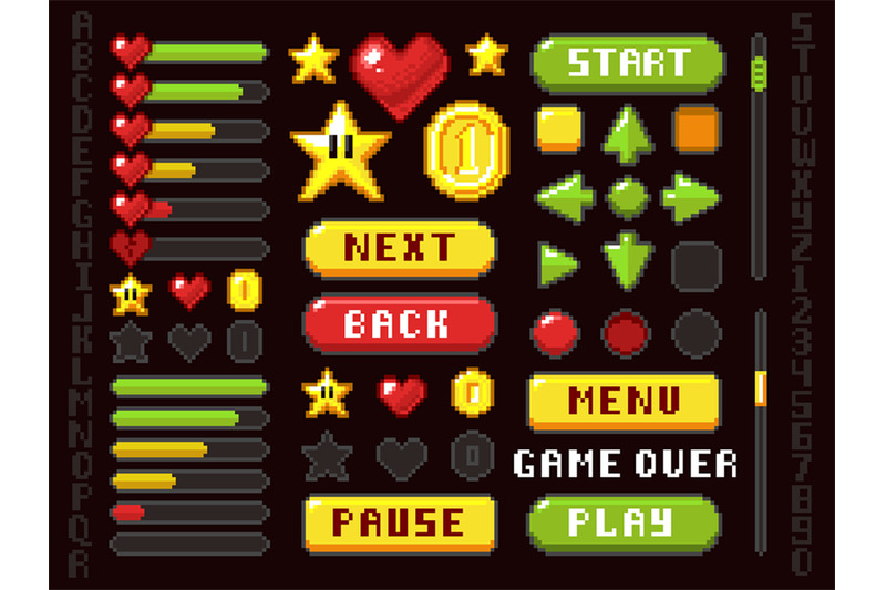 pixel-game-buttons-navigation-and-notation-elements-and-symbols-vecto