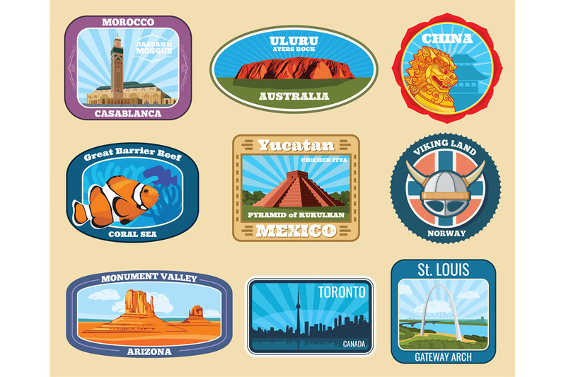 famous-monuments-and-national-landmarks-retro-vector-travel-labels