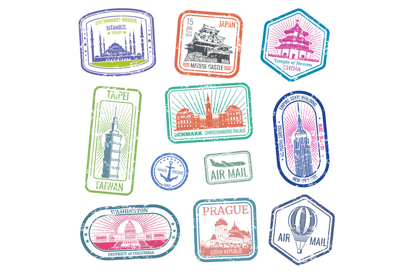 vintage-travel-stamps-with-major-monuments-and-landmarks-vector-set