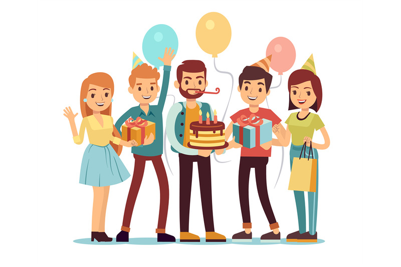 laughing-and-smiling-people-with-gifts-and-cake-happy-birthday-vector