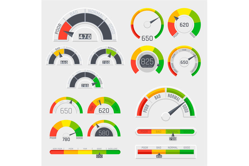 credit-score-indicators-with-color-levels-from-poor-to-good-gauges-wi