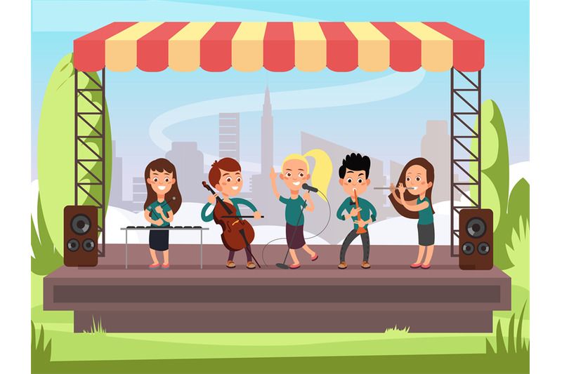 kids-music-band-playing-on-stage-at-outdoor-festival-vector-illustrati