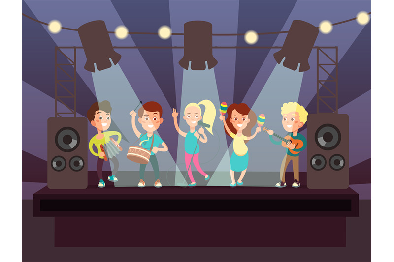 music-show-with-kids-band-playing-rock-on-stage-cartoon-vector-illustr