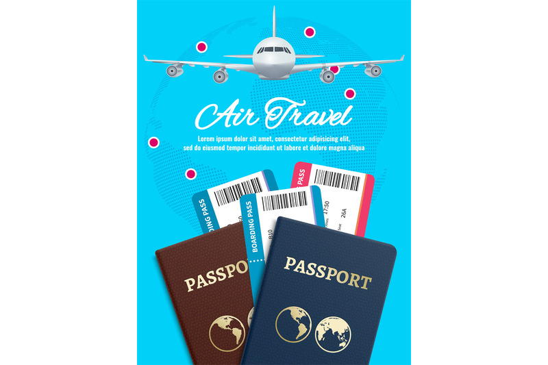 air-travel-banner-with-earth-plane-passport-and-tickets