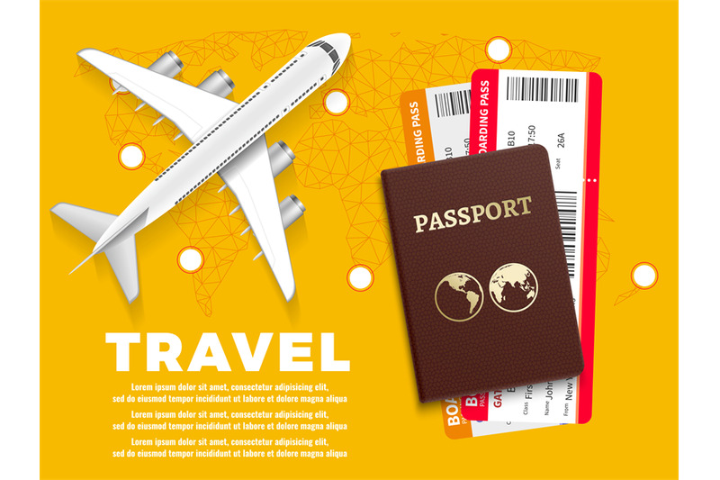 air-travel-banner-with-plane-world-map-and-passport-vacation-concept