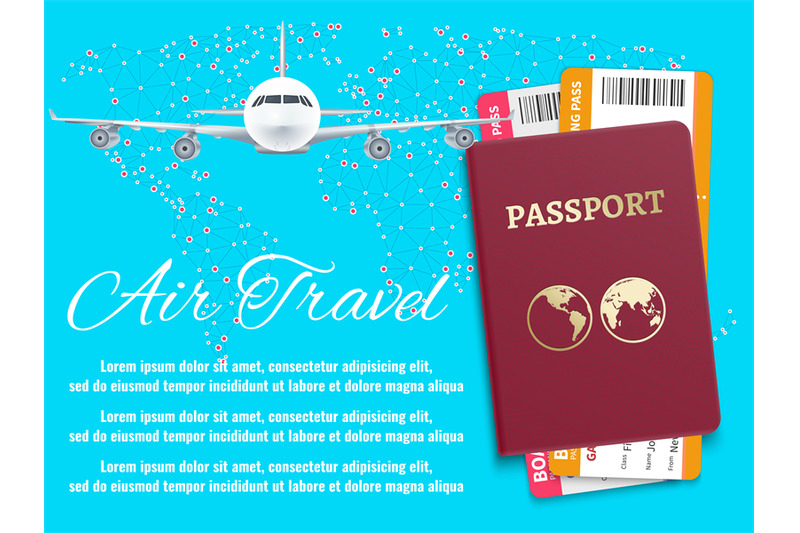 air-travel-banner-with-world-map-airplane-passport