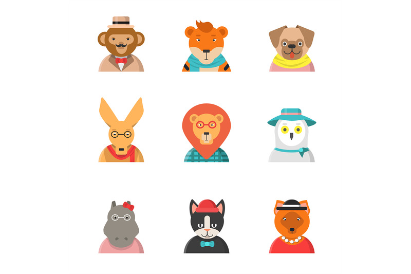 animal-funny-faces-hipster-avatars-of-monkey-cat-kangaroo-hippo-tiger