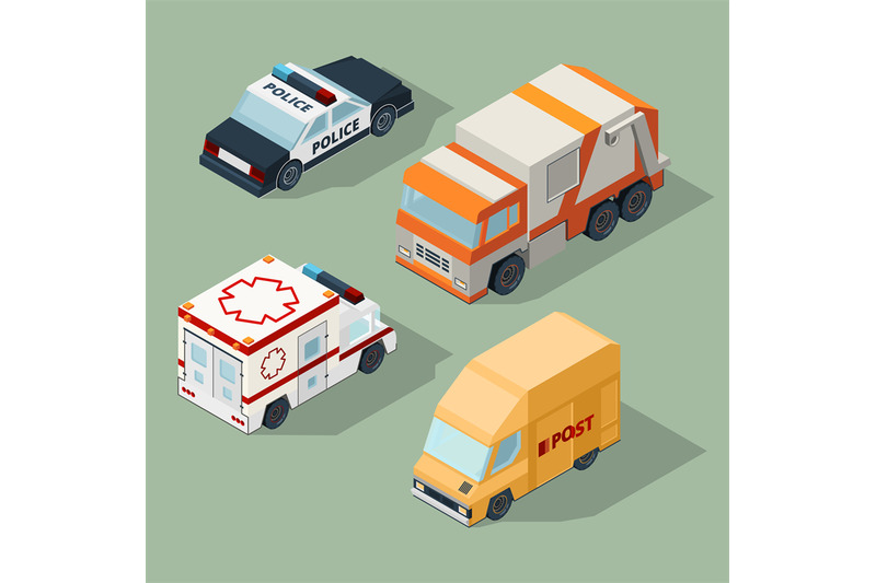 urban-cars-isometric-garbage-truck-mail-van-police-and-ambulance-vect