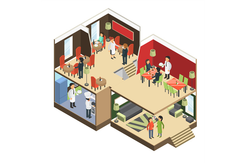 restaurant-interior-isometric-bar-cafe-buffet-building-with-eatting-g