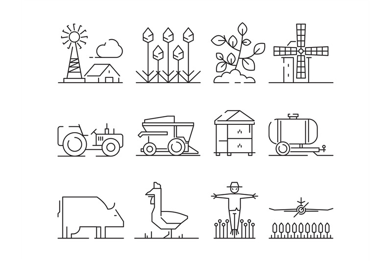 farm-linear-icon-agricultura-nature-village-fields-wheat-symbols-vect