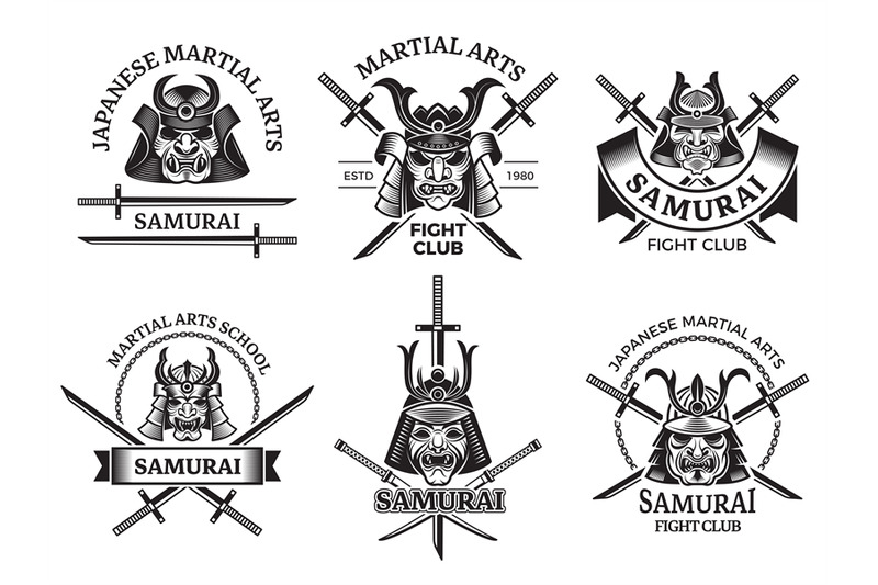 martial-asian-labels-samurai-agressive-warrior-masks-and-sword-katana