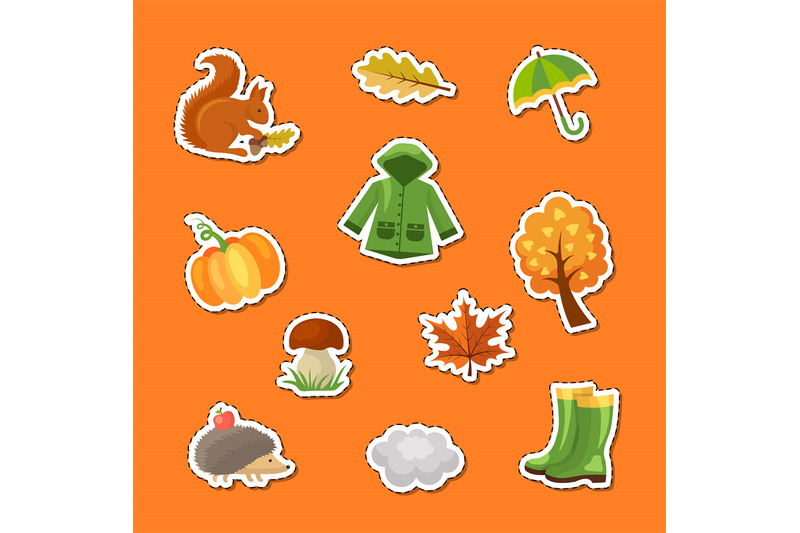 vector-cartoon-autumn-elements-and-leaves-stickers-set-illustration