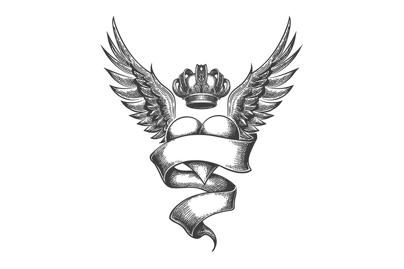 heart-with-crown-and-wings-tattoo-in-engraving-style-vector-illustrat