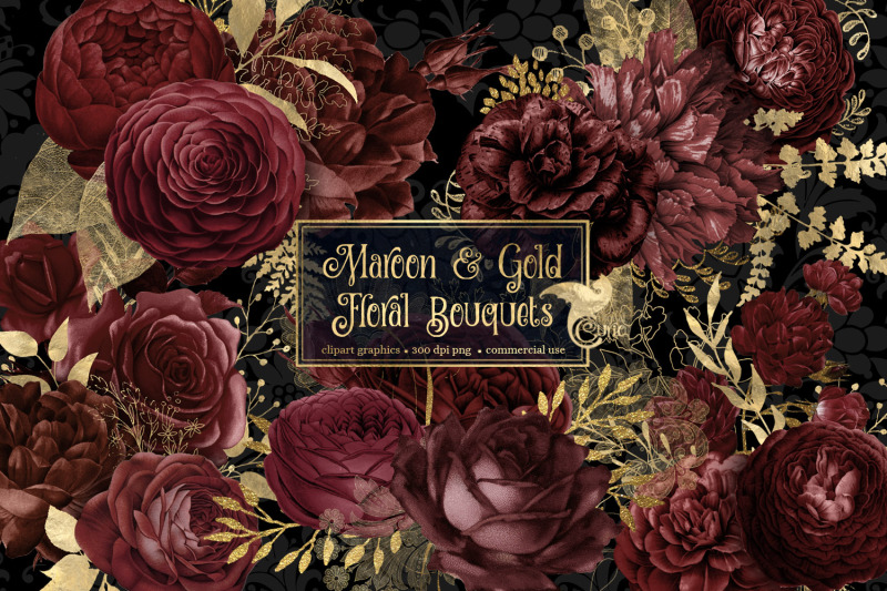 maroon-and-gold-floral-bouquets-clipart