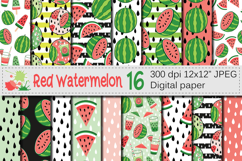 red-watermelon-digital-papers-summer-seamless-patterns