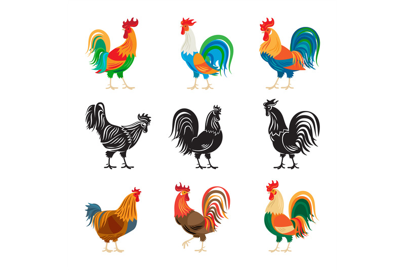 roosters-and-rooster-silhouettes-set
