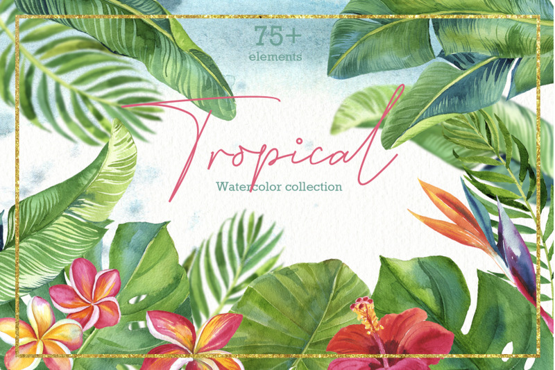 tropic-leaves-amp-amp-flowers-watercolor-set