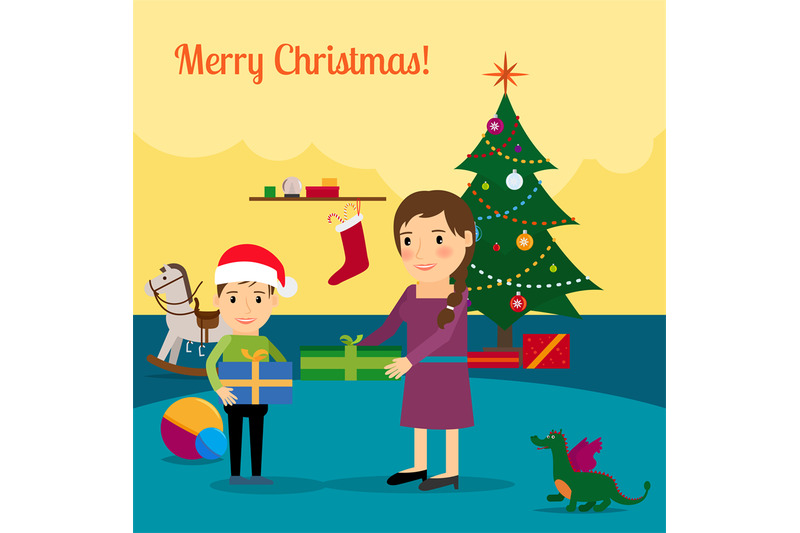 christmas-tree-mother-and-son-illustration