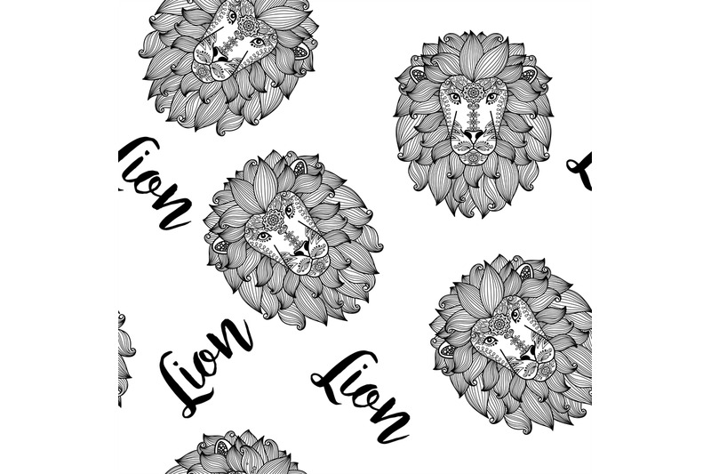 black-doodle-lion-face-seamless-pattern