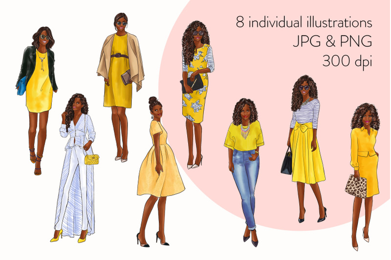 watercolor-fashion-clipart-girls-in-yellow-2-dark-skin