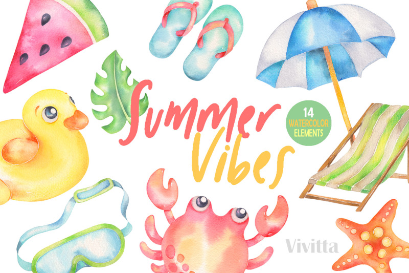 summer-vibes-watercolor-clipart-beach-pool-elements