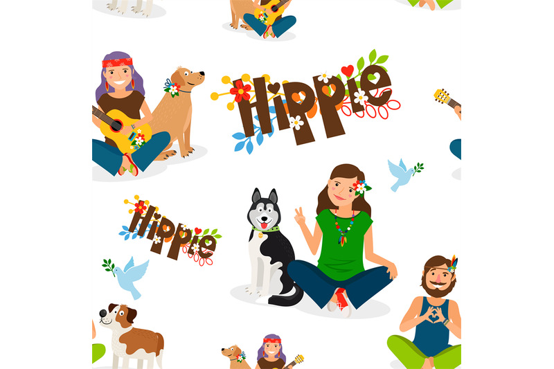 hippie-people-and-dog-seamless-pattern